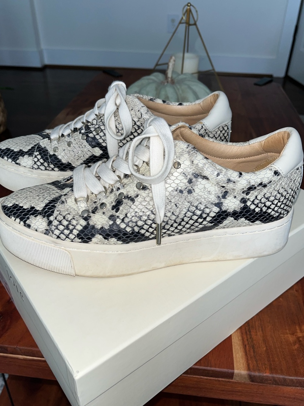 Joie Black and White Snake-Print Platform Sneakers